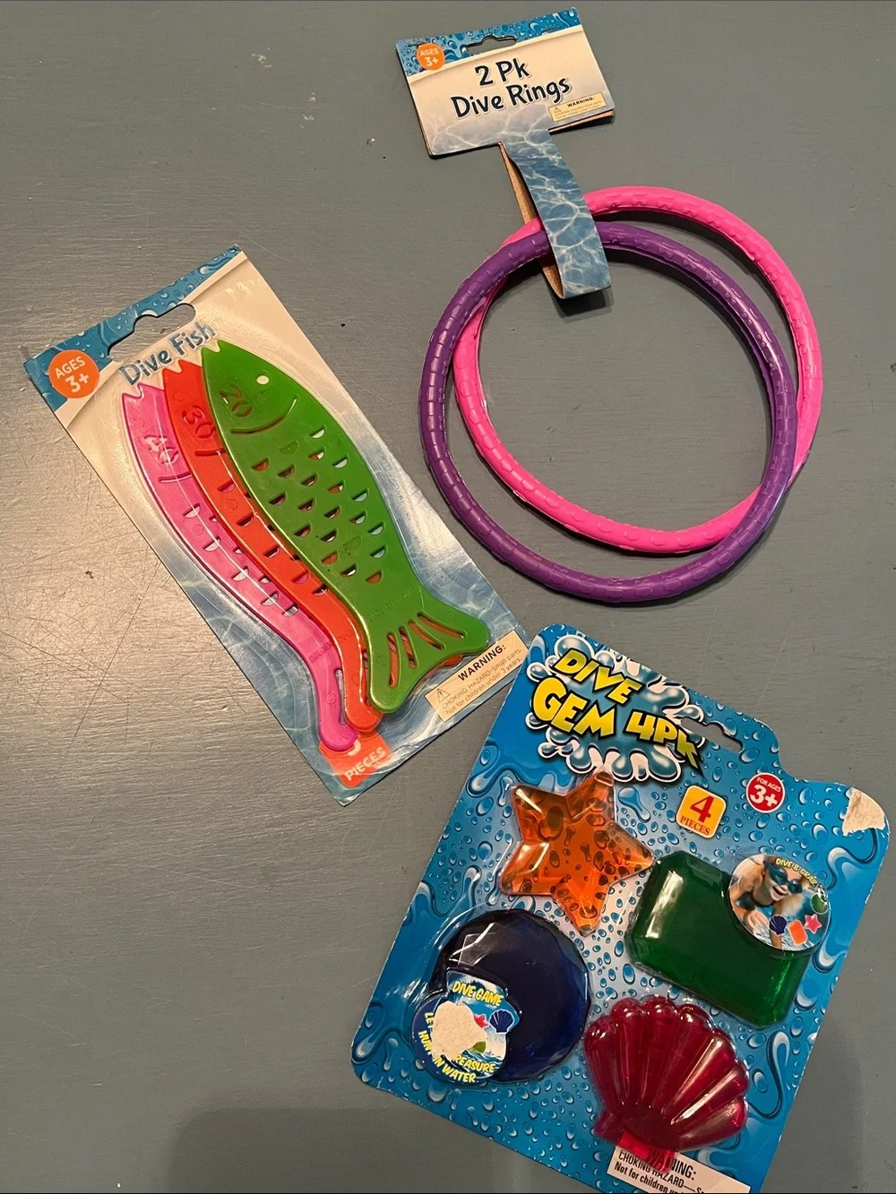 NEW 3 sets of POOL DIVE fun- gems, fish, rings 9 total